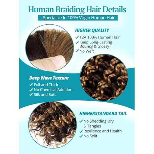100g 3 Bundles/Pack Ombre Highlight Human Braiding Hair for Boho Braids 20 Inch Curly Boho Hair for Braiding Knotless 12A Deep Wave Bulk Bohemian Color P4/27
