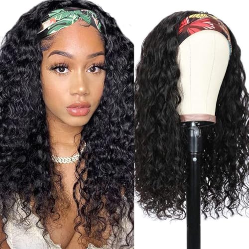 Long Headband Wig Human Hair Water Wave Headband Wigs for Women Curly Wigs Glueless No Lace Front Wig Brazilian Virgin Human Hair 180% Density Natural Black Color 28Inch