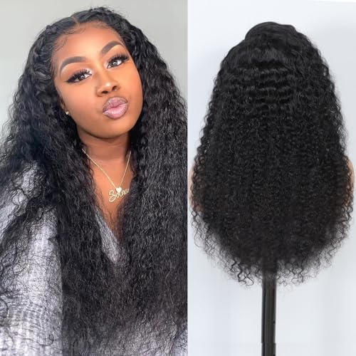 13x6 Deep Wave Lace Front Wigs Human Hair 200 Density Pre Plucked HD Transparent Lace Frontal Wigs Deep Curly Wet and Wavy Glueless Wigs for Women£¨ 24 inch £¬ Natural Black£© (Black, Long)
