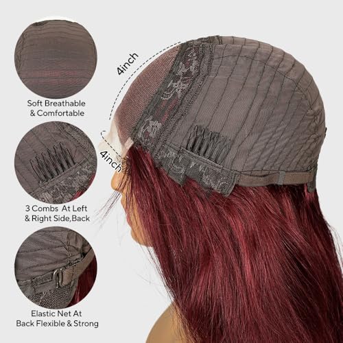 SUPERNOVA 99J Burgundy Lace Front Wigs Human Hair 4x4 HD Straight Wigs with Baby Hair 180% Density Red Wine Colored Wigs for Women 22 Inch