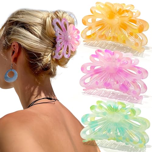 Flower Hair Claw Clips for Women/Girls, 3PCS 3.1" Big Cute Clips for Thick/Thin Fine Hair, Nonslip Strong Hold Hair Styling Accessories (A-colorful)