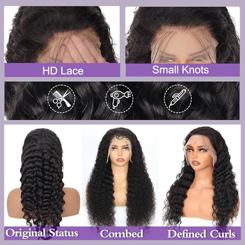 13x6 Deep Wave Lace Front Wigs Human Hair Ture 200 Density 20 Inch Pre Plucked Deep Wave Wig Human Hair 12A Glueless Wet and Wave Curly Lace Frontal Wigs For Women