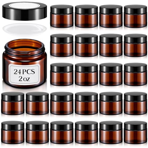 Layhit 24 Pcs 2 oz Glass Jars with Lids Bulk, Small Jars Containers Travel Storage Jar with Inner Liners Labels for Candle Scrubs, Lotions, Cream, Lip Balm (Amber,Black Lid)