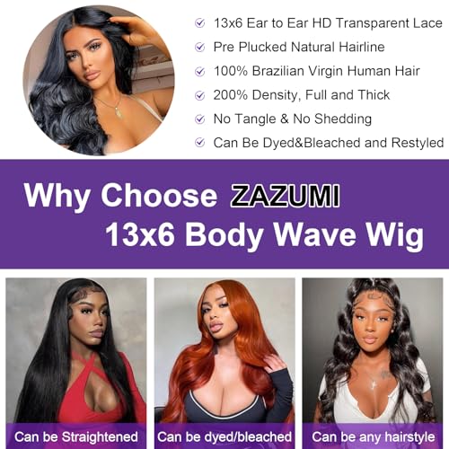 Zazumi 32 Inch 13x6 Body Wave Lace Front Wigs Human Hair 200 Density HD Transparent Lace Frontal Human Hair Wig for Black Women Glueless Wigs Human Hair Pre Plucked
