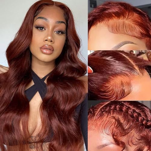 28 Inch Reddish Brown Body Wave Lace Front Wigs - Human Hair, 180% Density, Pre-Plucked with Baby Hair, Glueless Frontal Wigs - Auburn Copper Red Colored Wigs for Women
