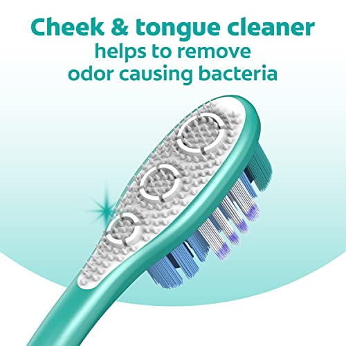 Colgate 360 Whole Mouth Toothbrush, Adult Toothbrushes Medium Bristles, Helps Remove Bad Breath Bacteria and Plaque, Medium Toothbrush Pack, Includes Cheek and Tongue Cleaner, 4 Pack