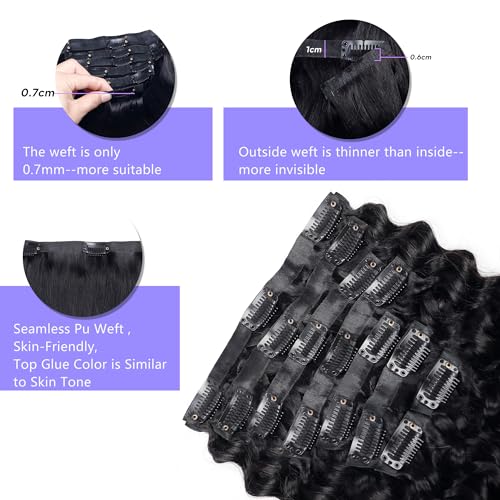 Seamless Clip in Hair Extensions Real Human Hair Deep Wave Brazilian Virgin Human Hair for Women 8Pcs PU Clip in Remy Hair Skin Weft with 18Clips 120g 26inch Natural Black