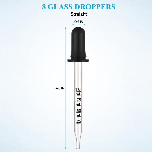 Herain 8 Pack Glass Eye Dropper, 1ml Pipette Dropper for Essential Oil, Crafts, arts, Lab, Measuring and Transferring a Variety of Liquids, Droppers Straight Tips
