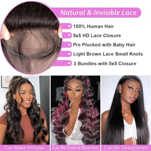 12A Human Hair Bundles with Closure 18 20 22 24+16 Inch Body Wave 4 Bundles Human Hair with 5x5 HD Lace Closure Brazilian Unprocessed Virgin Natural Black