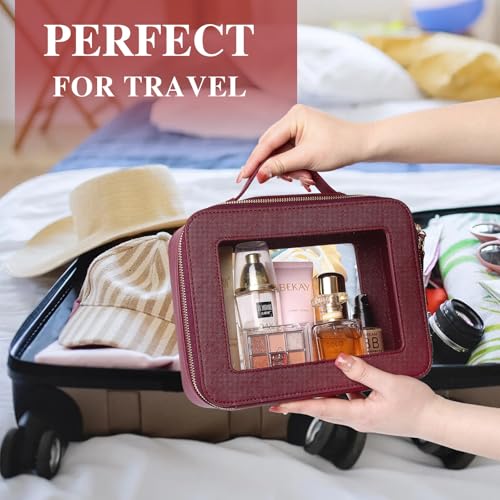 Pinkmik Clear Makeup Bag Waterproof Travel Case for Cosmetics and Toiletries Women's Purse Organizer and Clear Car Bag with Zipper (X/Burgundy, L+M+MINI)