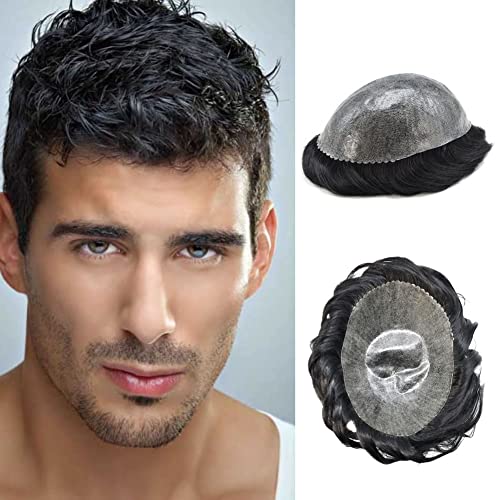 Toupee for Men Hair Piece Real Human Hair Full Poly Hair System for Men Hair Replacement Systems Invisible Thin Skin Natural Looking Protesis Capilar Para Hombre 8x10 1B# OFF BLACK 120% Density