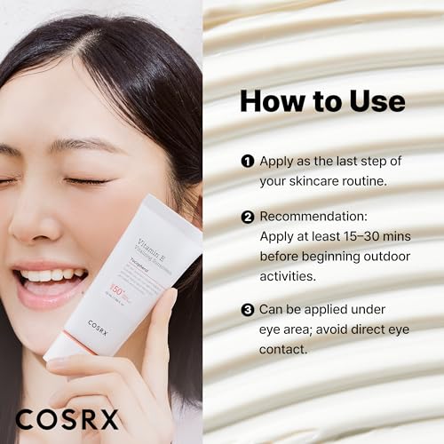COSRX Vitamin E Vitalizing Face Sunscreen SPF 50, 1.69 fl oz, SPF Moisturizer, Lightweight under Makeup, Summer Travel Essentials, Korean Skin Care, Korean Sunscreen for Face, Stocking Stuffers