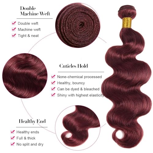 Human Hair Bundles18 20 22 Inch Body Wave 99J Color Human Hair Unprocessed Brazilian Virgin 3 Bundles Quick Weave Human Hair Extensions (99J Body Wave,18 20 22)