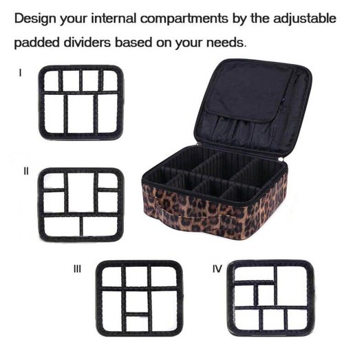 Uongeod Travel Makeup Bag Leopard Print PU Leather Cosmetic Makeup Bag Organizer case with Adjustable Dividers for Women
