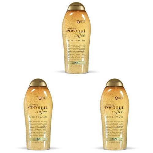 OGX Smoothing + Coconut Coffee Exfoliating Body Scrub with Arabica Coffee & Coconut Oil, Moisturizing Body Wash for Dry Skin, Paraben-Free with Sulfate-Free Surfactants, 19.5 Fl Oz (Pack of 3)