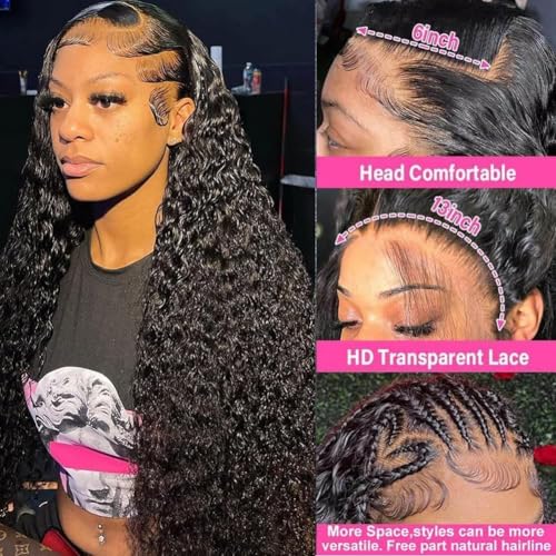 30 Inch 13x6 Deep Wave Lace Front Wigs Human Hair 200% Density HD Lace Front Wigs Human Hair for Women Pre Plucked Glueless 13x6 Deep Curly Wigs Human Hair Black