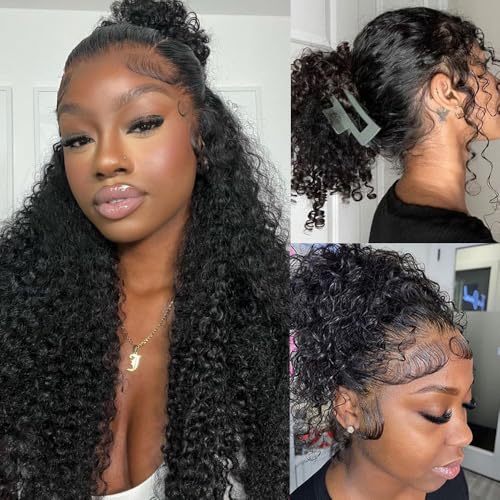Deep Wave 360 Lace Front Wigs Human Hair Curly Wig Hidden Strap HD Full Lace Human Hair Wigs Pre Plucked with Drawstring 180% Density Deep Curly 360 Glueless Wigs Human Hair for Women 24 Inch