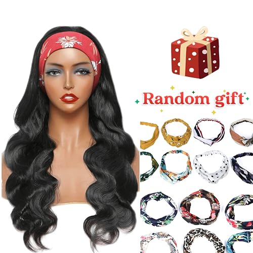 Headband Wig Human Hair Body Wave 24 Inch Glueless No Sew Headband Wig 100% Brazilian Virgin Hair 180% Dencity Wear and Go Headband Wigs for Black Women Natural Color Beginner Friendly