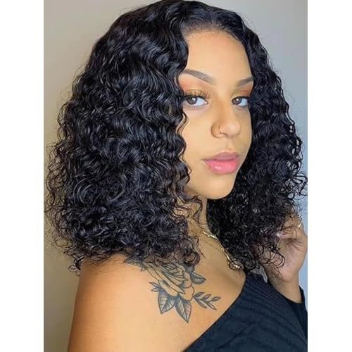 ISEE Glueless Bob Wigs Human Hair Pre Plucked Pre Cut Water Wave Human Hair Wig for Black Women 5x7 HD Lace Closure Wigs 180% Density (Black, 16 Inch)