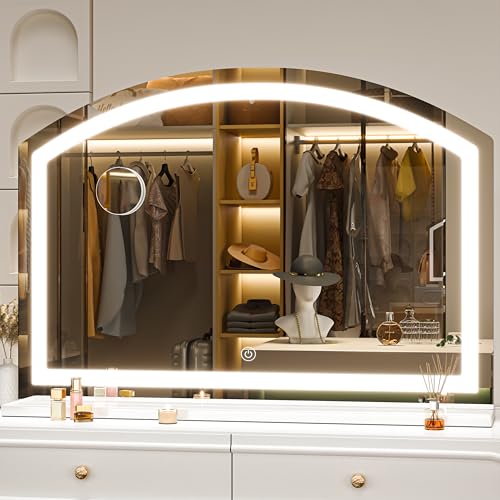 Hasipu Arch Vanity Mirror with Light, 36" x 24" Arched Led Makeup Mirror with 10X Magnification, Tabletop Desk Mirror, Dimmable 3 Colors Mode