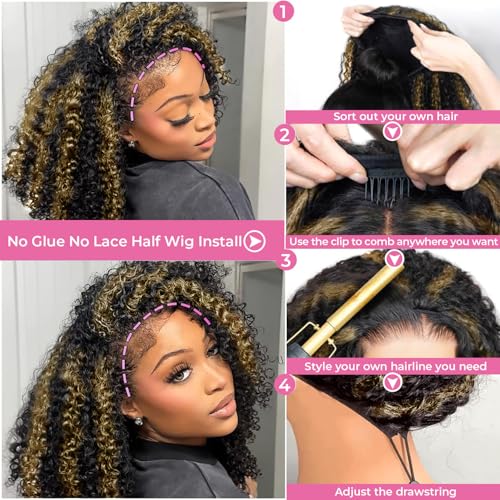 250% Density Kinky Curly Half Wig Human Hair Update 3 In 1 Seamless Flip Over Wigs Human Hair Wear and Go Glueless Wig Beginner Friendly Drawstring Wig for Black Women 20 Inch