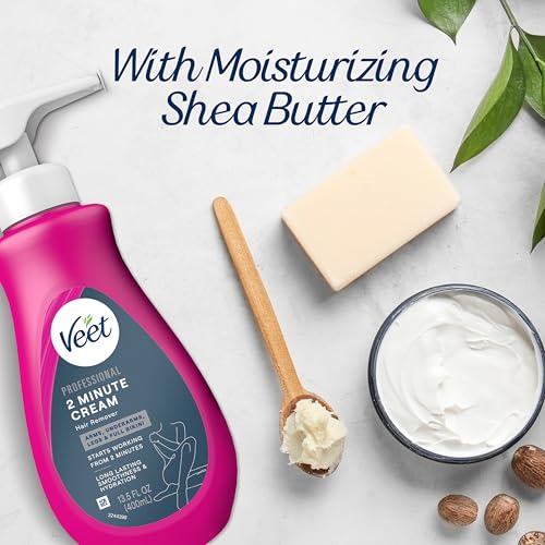 Veet Professional 2 Minute Cream for All Skin Types with Shea Butter, Full Bikini & Pubic Hair Removal, Dermatologically Tested, 13.5 FL OZ Bottle w/Spatula