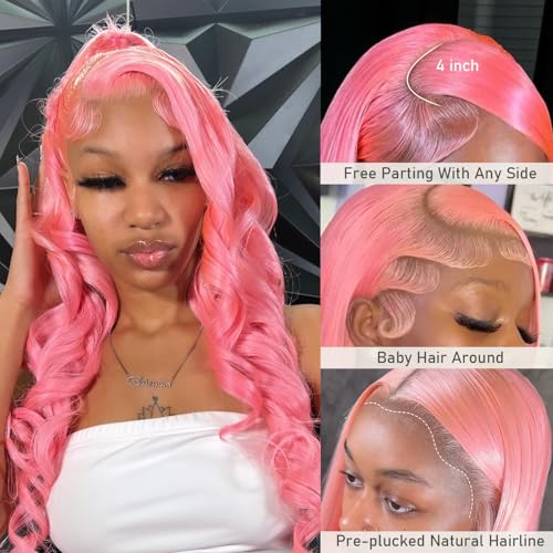 School Day Candy Pink Human Hair Wig Colored Body Wave Lace Front Wig Virgin Hair 13x4 UHD Transparent Swiss Soft Lace Preplucked Brazilian Hair 20"