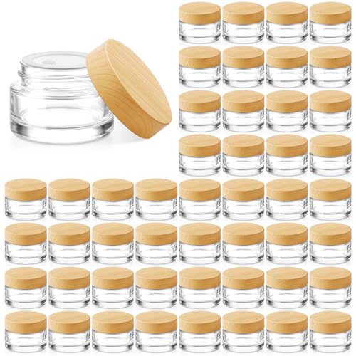 Bumobum 48 Pcs 5 Grams Glass Cosmetic Jars with Plastic Wood-Grain Lids, 5 ml Lip Balm Containers Empty Tiny Sample Jars for Lip Scrub Makeup Eye Cream Travel