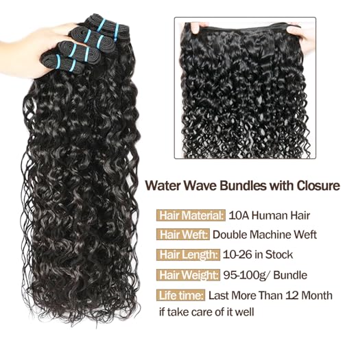 Water Wave Bundles with Closure Brazilian Virgin Human Hair with Closure 10A Wet and Wavy Quick Weave Human Hair Bundles and Free Part Lace Closure Natural Color (22 24 26+20)