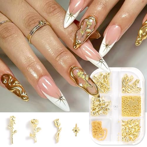 3D Metal Rose Nail Art Charms - Mixed Styles Gold Roses Flowers Alloy Nails Supplies DIY Crafts Decorations