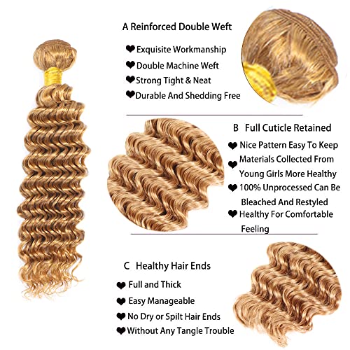 #27 Blonde Bundles Human Hair Deep Wave Bundles 34 34 34 Inch 3 Bundle Unprocessed Brazilian Virgin Hair Honey Blonde Deep Wave Human Hair Extensions 50 Gram Per Bundle