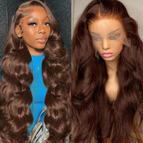 13X6 Chocolate Brown Body Wave Lace Front Wigs Human Hair Wig 200% Density HD Transparent Lace Frontal Wigs Human Hair Pre Plucked With Baby Hair