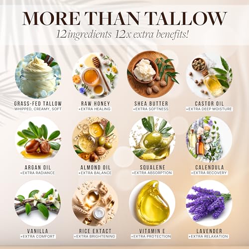 Beef Tallow for Face Organic Moisturizer - Grass-Fed Whipped Balm with Honey, Shea Butter, Castor & Calendula - Non-Greasy Hydration - Made in USA