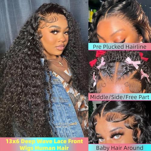 Deep Wave Lace Front Wigs Human Hair 13x6 HD Lace Front Wigs for Black Women 34 Inch Curly Frontal Wig Pre plucked Wet and Wavy Glueless Wig with Baby Hair 180% Density Natural Color
