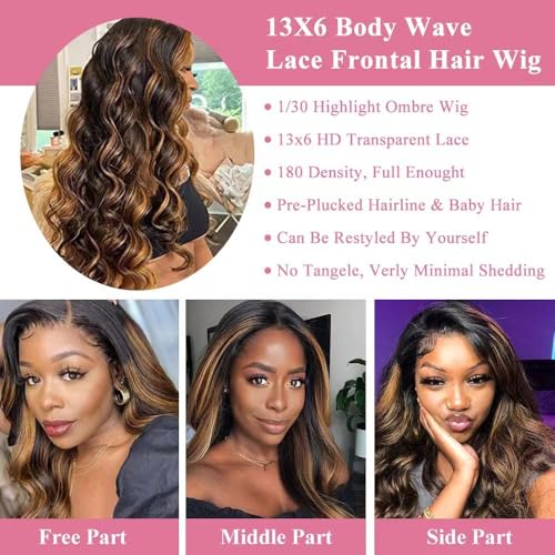 30Inch Ombre Highlight Lace Front Wig Human Hair 13x6 Body Wave Lace Front Human Hair Wigs Colored 1B/30 Brown Lace Frontal Wigs for Women Pre Plucked 180% Density Highlight Wig