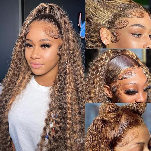30 Inch 13x6 Lace Front Wig Human Hair Wigs Highlight Deep Wave Wigs 180% Density 4/27 HD Curly Honey Blonde Wig Human Hair Pre Plucked Colored Wigs
