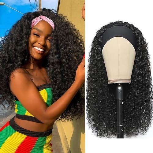 AEDNX Headband Wig Human Hair Curly Wigs for Black Women 26 inch Wigs Human Hair Glueless Wear and Go None Lace Front Wig Headband Wigs Machine Made 150% Density Natural Color