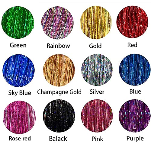 AMchoice Hair Tinsel Kit with Tools 12 Colors 3000 Strands Fairy Hair Tinsel Heat Resistant Sparkling Shiny Tinsel Hair Extensions 48 Inch Colorful Hair Tinsel strands Kit