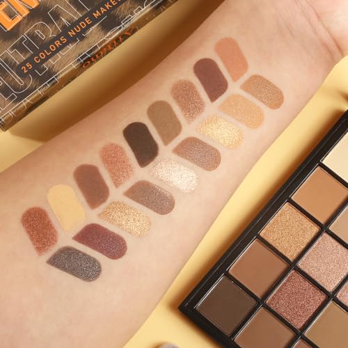 Nude Neutral Eyeshadow Palette, 25 Color Matte Shimmer Brown Gold Eye Shadow Palette, Pigment Naked Smokey Natural Eyeshadow Palette for Brown Eyes, Long Lasting Blendable Hypoallergenic Makeup Pallet