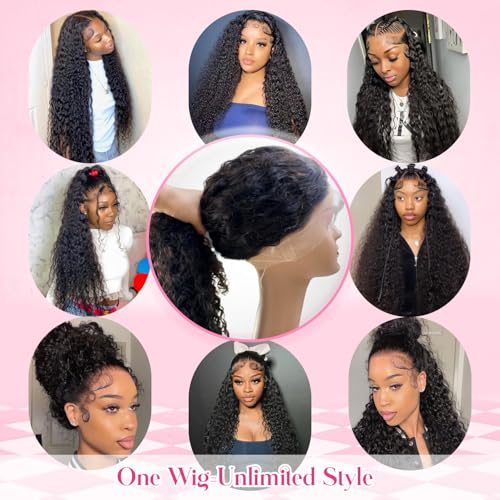 Lace Frontal Wigs 360 Drawstring Wig Human Hair 24 Inch Pre Plucked Hidden Strap 360 Lace Front Wigs Human hair Water Wave 180% Density Curly Wet and Wavy HD 360 Human Hair Wig Full Lace