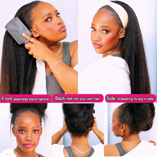 Kinky Straight Half Wig Human Hair 200 Density 3 In 1 Seamless Flip Over Half Wigs Human Hair Glueless Wear and Go Beginner Friendly Kinky Straight Human Hair Drawstring Headband Wig for Women 20 Inch