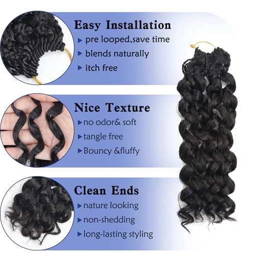 GoGo Curl Crochet Hair,12inch Pre Looped Water Wave Beach Curl Ocean Wave Crochet Braiding Hair,8pcs Box Braids Short Curly Crochet Hair for Black Women (12inch,#1B)