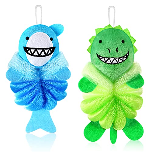 Nuenen 2 Pcs Bath Loofahs Kids Toddler Cute Cartoon Bath Sponges Loofah Pouf Body Scrubber Mesh Sponges for Children Shower Washing Exfoliating