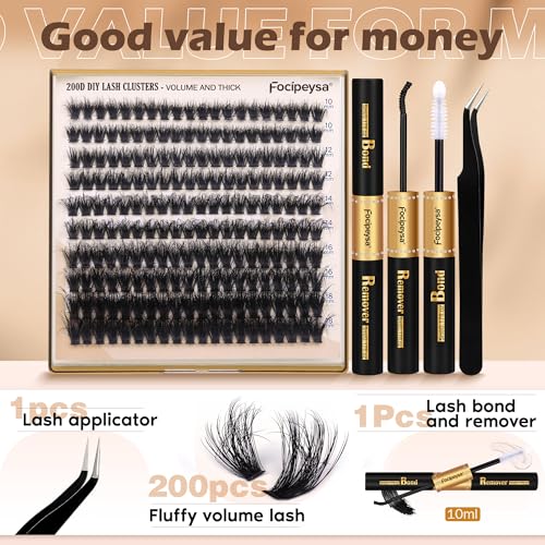 Focipeysa Lash Extension Kit Thick Eyelash Extension Kit 10-18mm Fluffy Lash Clusters 200D Individual Eyelashes Kit with Lash Bond, Lash Remover, Lash Applicator, DIY Lashes Extension
