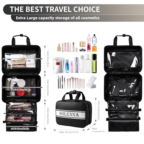 Solenna Black Travel Toiletry Bag for Women Men, Large Waterproof Leather Makeup Cosmetic Bag with 2 Removable Clear Bags, Portable Hanging Make Up Bag Bathroom Shower Toiletries Travel Organizer