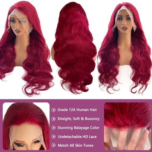 Ubetta 99j Burgundy Lace Front Wigs Human Hair, Body Wave 13x6 Lace Front Wigs Human Hair, 32 Inch Glueless Wigs Human Hair Pre Plucked 180% Denstiy Red Burgundy Lace Frontal Wigs for Black Women