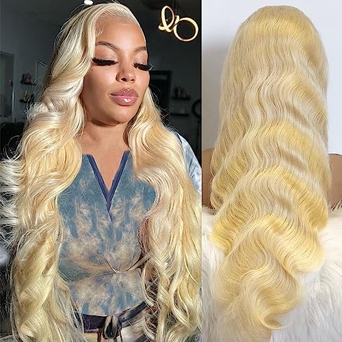 613 Lace Front Wig Human Hair Body Wave Blonde Wig Human Hair Pre Plucked With Baby Hair 180% Density for Women (34 Inch)