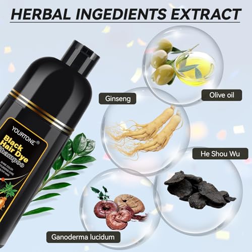 Black Hair Dye Shampoo Instant & Easy 3-in-1 Hair Color Solution for Men and Women - Herbal Formula, Ammonia-free, Lasts 30 Days - 16.90 oz