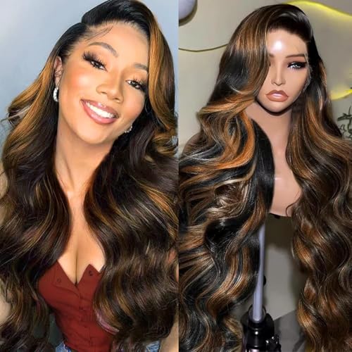 Ombre Lace Front Wig Human Hair 1B/30 Highlight Body Wave Lace Front Wigs Human Hair Colored 13x4 Brown Wig 180% Density Balayage Glueless HD Lace Frontal Wigs for Women 26 Inch