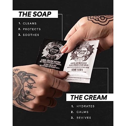 Tattoo Aftercare Kit - Cream and Soap (50-Pack), Brightening Formula for Tattoo Artists & Travel - Ink Hydration Tattoo Lotion Pillow Packs